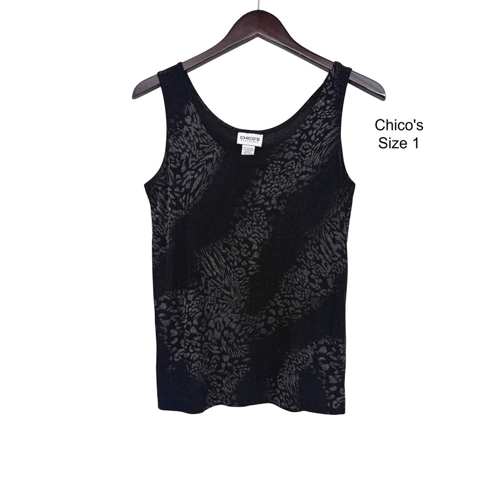 Chicos Travelers Womens Size 1 Black Silver Metallic Animal Print Tank Top